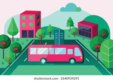 Pink Bus on City Street Amidst Green Trees and Buildings