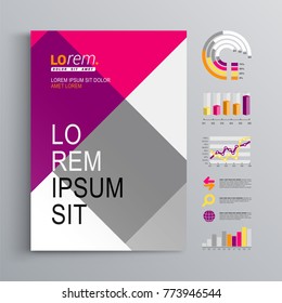 Pink business brochure template design with diagonal geometric shapes. Cover layout and infographics