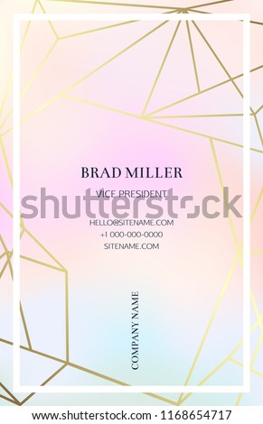 Pink business card with a geometric pattern. Gold polygonal texture. Corporate identity template in trendy colors with geometric shapes for modern cute romantic design. Art deco style.Vector. EPS 10