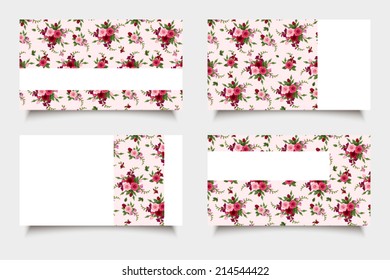 Pink business cards with rose patterns. Vector eps-10.