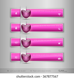 Pink business tabs, ribbons, with pink glossy heart. Modern vector design elements.