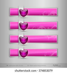 Pink business tabs, ribbons, with pink glossy heart. Modern vector design elements.