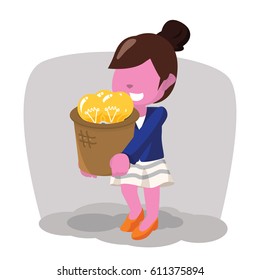 pink businesswoman carrying a basket of innovation