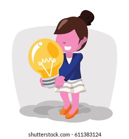 pink businesswoman hold giant bulb