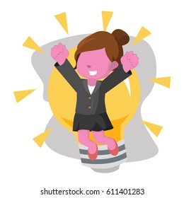 pink businesswoman jump infront of bulb