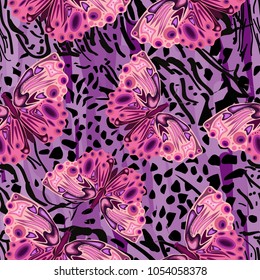 pink buterflies on leopard texture, seamless pattern