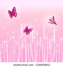 Pink butterflies and dragonfly on a background of grass. Simple vector illustration, minimalism.