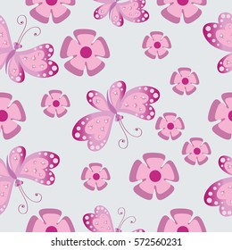 Pink butterflies and flowers. Seamless pattern. Composition for textile, tapestries, festive decorative packaging, cover art, website background.