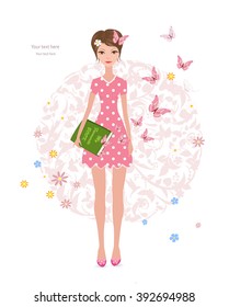 Pink butterflies flying around cute girl with a favorite book.