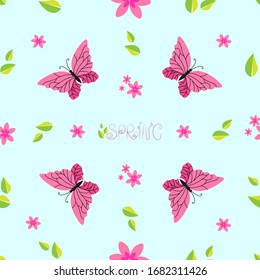 Pink butterflies, green leaves and pink flowers on a light blue background. Seamless vector pattern for print, fabric, wallpaper, wrapping paper.