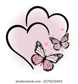 pink butterflies and hearts together for tshrt pattern