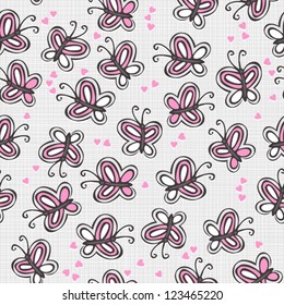 pink butterflies on light patterned background with little hearts abstract seamless pattern
