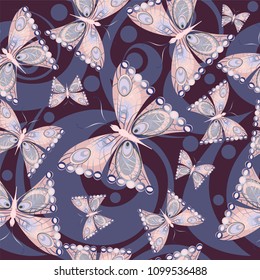 Pink butterflies on a purple background with curls. Vector seamless pattern. Suitable for fabrics, Wallpaper, paper, decoration.