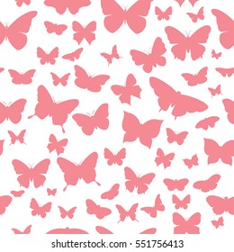 Pink butterflies on a white background. Seamless butterflies pattern. Vector illustration