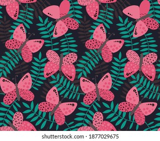 Pink butterflies and palm leaves on dark background. Seamless pattern. Vector illustration for wrapping, cloth, linens, fabric