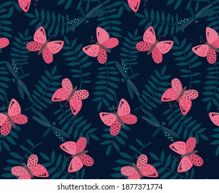 Pink butterflies and palm leaves on dark background. Seamless pattern. Vector illustration for wrapping, cloth, linens, fabric