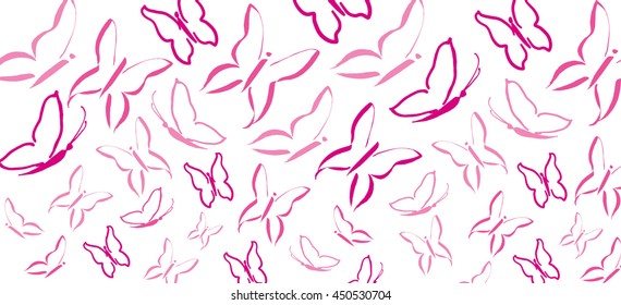 pink butterflies pattern, Vector contour illustration, summer ornament, hand drawing