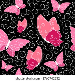 Pink butterflies and white curls on a black background. Seamless pattern for clothes, fabric, wallpaper, wrapping paper, cover design.