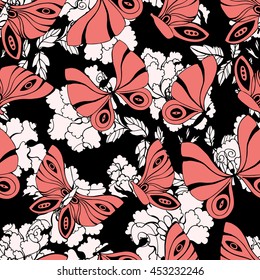 Pink butterfllies japanese seamless pattern. Floral asian background.