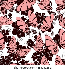 Pink butterfllies japanese seamless pattern. Floral asian background.