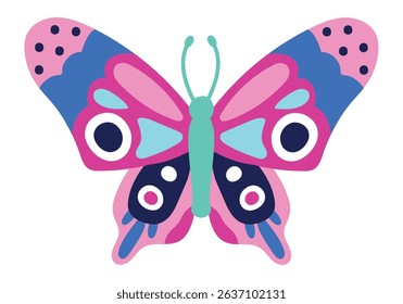 Pink butterfly adorned with blue decorations, featuring large black eyes and a light green body, displaying vibrant, colorful wings against a clean white background