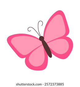 A pink butterfly with a black body and brown antennae. The butterfly is drawn in a cartoon style