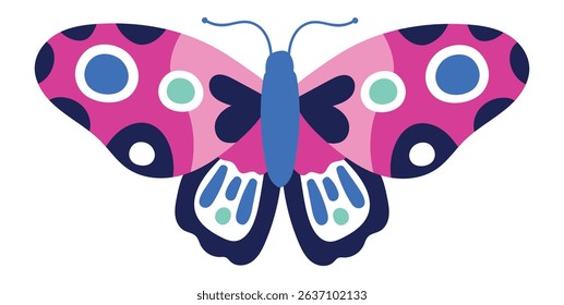 Pink butterfly with blue and dark dotted wings and antennae isolated on white background representing beauty of wildlife and colorful insects in nature