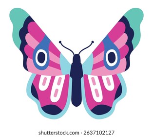 Pink butterfly with blue and green decorations on wings flying showing its colorful and vibrant design perfect for children book illustrations, fantasy, nature and wildlife projects