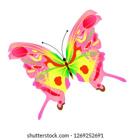 Pink butterfly with a colorful pattern on the wings. Vector illustration isolated on white background.