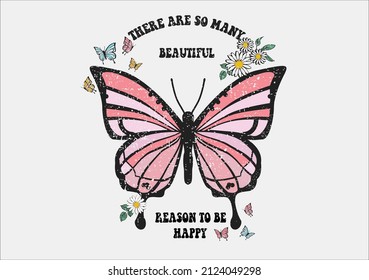 pink butterfly and daisy flowers flower 70s retro groovy plant for growing people slogan print, Daisy flower illustration print with inspirational slogan typography etc hippie retro
