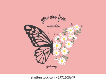 pink butterfly daisy hand drawn vector art design