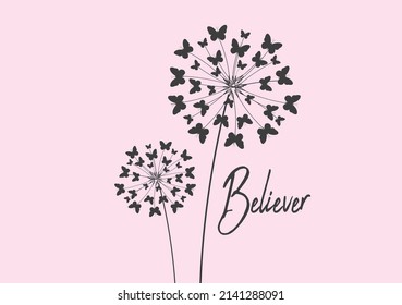 pink butterfly dandelion hand drawn design vector