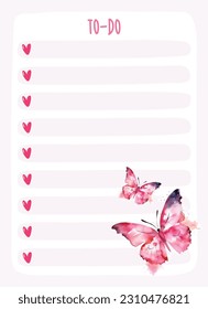 Pink butterfly to do list, Daily do list with butterfly design, Butterfly design, Watercolor butterfly print