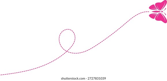 Pink Butterfly with Dotted Flight Path Trail, Minimalist Vector Illustration for Decorative Border, Wedding Invite, and Whimsical Design Element on White Background