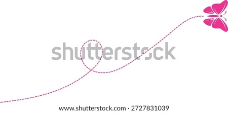 Pink Butterfly with Dotted Flight Path Trail, Minimalist Vector Illustration for Decorative Border, Wedding Invite, and Whimsical Design Element on White Background