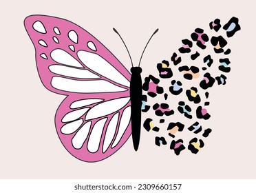 pink butterfly drawing half wing leopard print vector. margarita mariposa stationery,mug,t shirt,phone case fashion slogan style spring summer sticker 