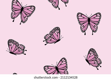 Pink butterfly drawings seamless repeating pattern texture background design for fashion graphics, textile prints, fabrics etc.