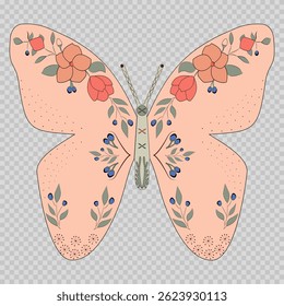 Pink butterfly with floral pattern on its wings.