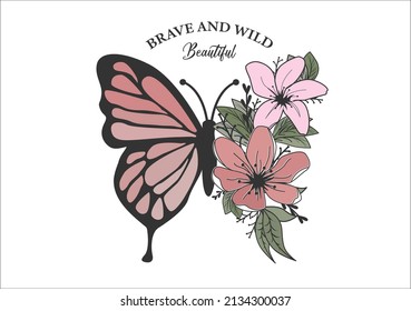 rosafarbener Schmetterling und Blütendesign, Vektorgrafik