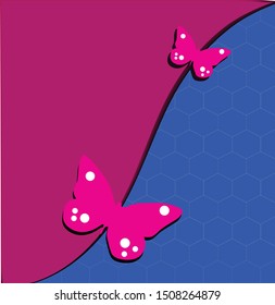 Pink butterfly flying along curves on purple and blue background - vector