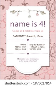 Pink butterfly girly birthday invitation