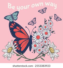 pink butterfly hand drawn design vector