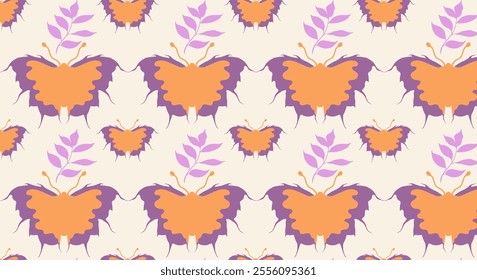 Pink butterfly hand drawn seamless pattern. Small flowers and butterflies textures for backgrounds, wallpapers, textiles and fashion.