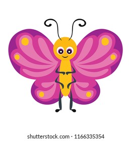 Pink Butterfly isolated on white background. Funny cute cartoon character. Vector illustration in a flat style.