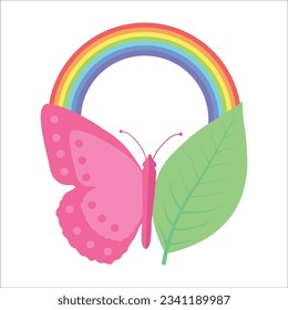 
Pink butterfly with leaf wing with rainbow background, flat design. Isolated on white background. Vector illustration, clip-art