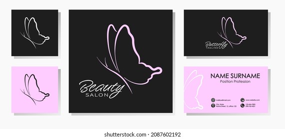 Pink butterfly logotype. Set in black, pink and white colors with business cards templates. Best for web, print, polygraphy, signboards, logo and branding design. Beauty salon logo concept.