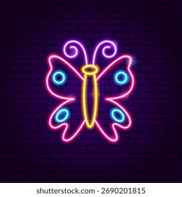 Símbolo Rosa Borboleta Neon. Vetor Ilustração de Arte Brilhante de Forma Pop na Moda. Objeto Popular De Lâmpada De Led. Fundo escuro da parede de tijolos.