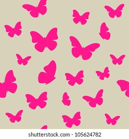 Pink butterfly on beige background. Seamless pattern. Vector