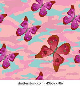 Pink butterfly on the military background pattern, seamless, vector
