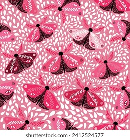  Pink Butterfly on petals seamless pattern, pink valentines gift wrapping pattern vector